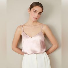 Satin V-Neck Camisole - New With Tags - Adjustable Straps - Champagne Pink Color - 95% Polyester, 5% Spandex - Lightweight Satin Construction {Bin#19} Pink Satin Camisole, Feminine Satin Camisole With Built-in Bra, Summer Satin V-neck Camisole, Satin V-neck Camisole With Delicate Straps, Sleek Satin V-neck Camisole, Pink Camisole, Brand Session, Satin Camisole, Champagne Pink