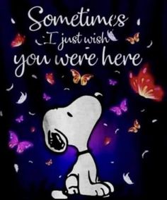 a snoopy dog with butterflies around it and the words sometimes i just wish you were here