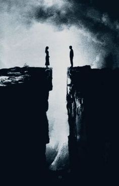 two people standing on the edge of a cliff with dark clouds in the sky behind them