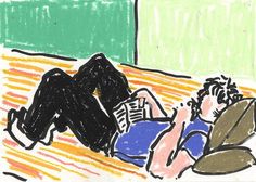 a drawing of a man laying on the floor next to a woman who is reading a book