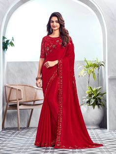 Red Chiffon Silk Sequin Party Wear Saree - VJV Now Saree Red Colour, Wedding Guest Saree, Red Chiffon Saree, Chiffon Saree Party Wear, Saree Satin, Red Sarees, Saree Red, Indian Wedding Guest, Classic Saree