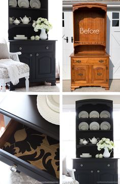 four different pictures of black and white furniture