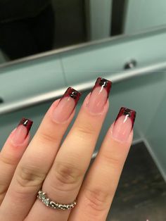 Red N Black Nails, Opiumcore Nails, Sade Nails, Dark Red And Black Nails, Red And Black Nails, Short Red Nails, Freestyle Nails, Hoco Nails, Glamour Nails