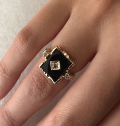 Elegant Black Diamond Ring In 14k Gold, Elegant Gold Diamond Ring With Black Diamonds, Diamond Enamel Ring With Black Enamel, Elegant Gold Rings With Black Diamonds, Timeless Onyx Gemstone Rings, Black Enamel Diamond Ring For Gift, Gift Black Enamel Diamond Ring, Fine Jewelry Black Enamel Diamond Ring, Timeless Black Signet Ring With Gemstone