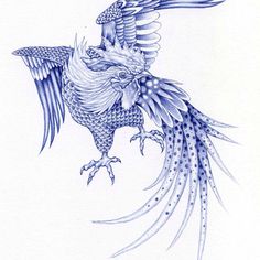 a drawing of a bird flying with its wings spread