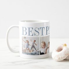 a doughnut and coffee mug sitting on a marble countertop next to the photo