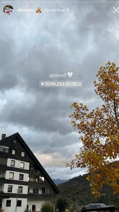 the sky is very cloudy and there are trees in front of some buildings with windows