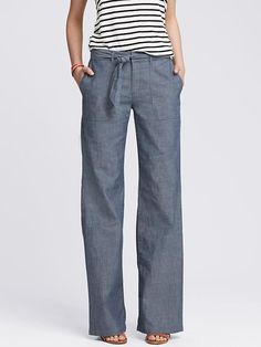 Chambray Tie-Front Wide-Leg Pant Mode Ab 50, Chambray Pants, Summer Work Outfits, Work Fashion, Work Casual, Pants Outfit, Look Fashion, Chambray, Work Outfit