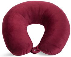 the neck pillow is red and has a knot at the end of it's loop