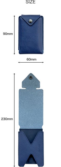 two different types of wallets with measurements for each card holder and the other size