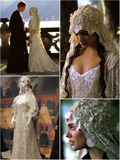 several pictures of women in wedding dresses and veils, including one wearing an elaborate headpiece