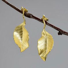 Vermeil Leaf Stud Earrings 1 pair Sterling silver plated with 18k gold Stamped 925 35mm approximately Sold in a ziplock in a plain craft box No gift packaging Beech Leaf, 18k Gold Chain, Gold Leaf Earrings, 18k Gold Jewelry, Jewelry Model, Unique Handmade Jewelry, Flower Earrings Studs, Flower Studs, Gold Earrings Dangle