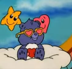 a cartoon bear sitting on top of a cloud next to a goldfish in the sky