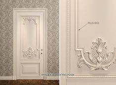 the door is open and there are two different doors in front of it, one with an ornate design