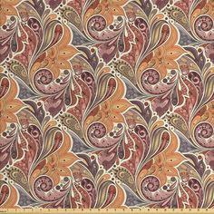 an orange and purple paisley print fabric with large, wavy leaves on the bottom half