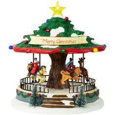 a merry christmas carousel with horses and trees on it's roof, in front of a white background