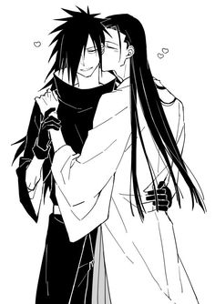 two anime characters hugging each other in black and white