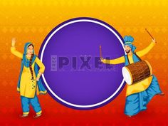 Illustration Of Punjabi Couple Doing Bhangra Dance With Dhol Instrument And Violet Empty Circular Frame On Orange Background. #Lohri #agriculture #celebration #festival #prosperity #traditional #religious Dhol Instrument, Bhangra Dance, Vector Graphics Illustrations, Punjabi Couple, Circular Frame, Free Vector Illustration, Orange Background, Free Vectors, Free Vector Graphics