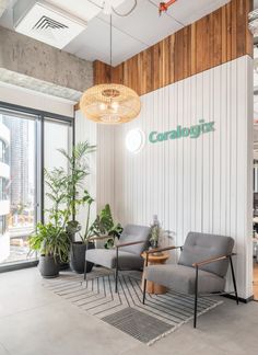 an office with chairs and plants in front of the wall that says corbbank