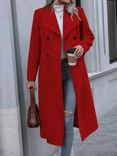 Rojo Casual Collar manga larga Tela Liso Normal Embellished No-Elástico Red Overcoat Outfit Women, Red Long Coat Outfits Winter, Outfit Saco Rojo, Red Outfit Winter, Overcoat Woman, Vinter Mode Outfits