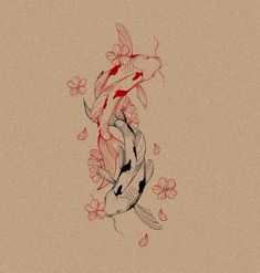 two koi fish swimming next to each other on a beige background with red flowers