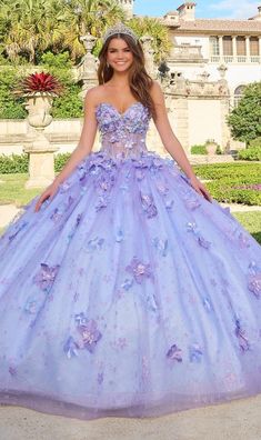 Puff sleeve glitter tulle a-line quinceanera ball gown with sweetheart neckline and floral embellishment. Lavender Quince Dress, Quinceñera Dresses, Purple Wedding Dress, Sheer Corset, Pretty Quinceanera Dresses, Quince Dress, Gown Skirt, Modern Princess, Strapless Sweetheart Neckline