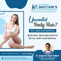 Get a permanent solution to your hair removal problem with our laser treatment. Visit: Multani Plastic Surgery Centre ―――――――― Book appointment on ☎️ : 0181-4155055 🌐 www.multaniplasticsurgery.com ―――――――― 📌Address: SCO 97, Urban Estate Phase-2 Market, Opp. Petrol Pump Jalandhar City Book Appointment, Aesthetic Clinic, Body Hair Removal, Skin Clinic