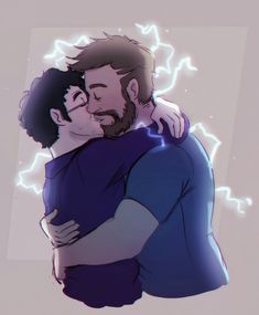 two people hugging each other in the middle of an animated photo with lightning behind them