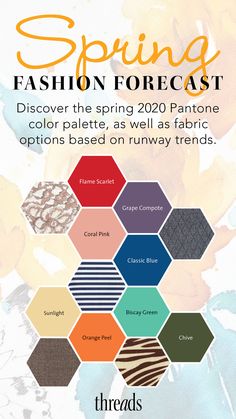 an advertisement for the spring fashion show with different colors and patterns, including oranges, blue