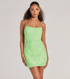 The sequin dress features a flattering square neckline, adjustable spaghetti straps, a cutout back that attracts attention, and a bodycon mini-length silhouette. This dress is perfect for a school dance or party. Mini Dresses Winter Formal, Lime Green Hoco Dress, Neon Hoco Dresses, Light Green Hoco Dress, Hoco 2024, Hoco Inspo, Neon Dress, Sequin Pattern, Floral Dresses Short