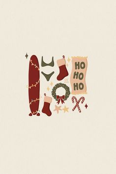 a christmas card with stockings, boots, and wreaths on it's side