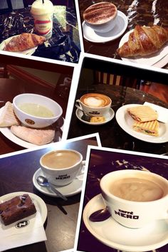 there are many pictures of coffee and pastries on the table