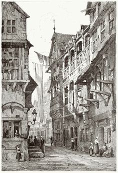 an old black and white drawing of people walking down the street in front of buildings