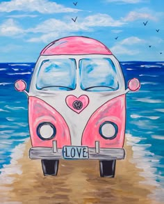 a painting of a pink and white van on the beach