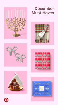 a pink background with different items on it and the words december must - haves