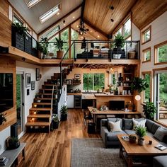 a living room filled with furniture next to a staircase leading up to a second story