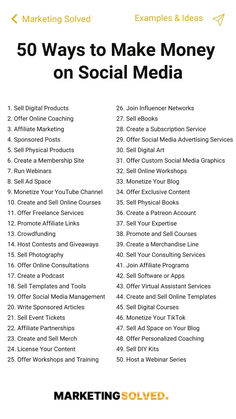 the top 50 ways to make money on social media by marketing solver, example & ideas