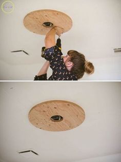 two pictures of a woman working on the ceiling