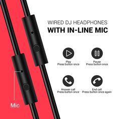 an image of two black earphones with in - line mics on red background