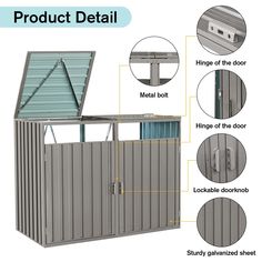 an image of a metal storage shed with instructions on how to install the door and window