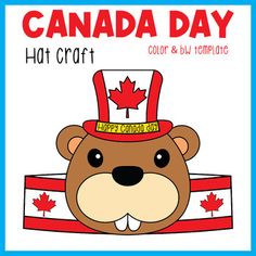 a bear wearing a canadian hat with the words canada day written in red, white and blue