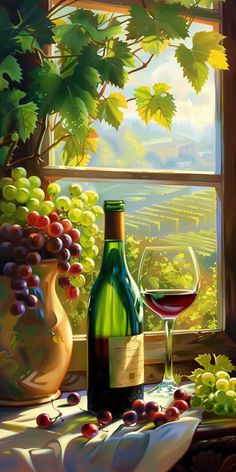 a painting of a bottle of wine and some grapes on a table next to a window