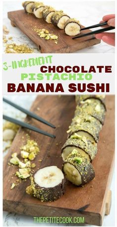 chocolate banana sushi on a cutting board with chopsticks