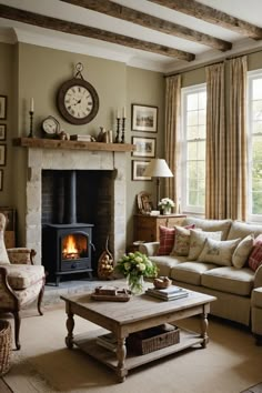 a living room filled with furniture and a fire place next to a window covered in curtains