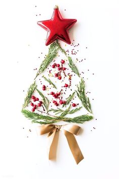 a christmas tree made out of branches and other decorations on a white background with red star