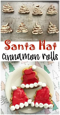 santa hat cinnamon rolls on a white plate