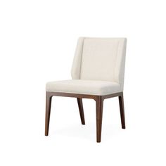 a white upholstered chair with wooden legs and backrests, viewed from the side