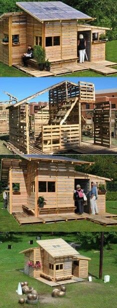 several pictures of different types of houses made out of pallet boards and wood planks