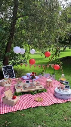 an outdoor picnic with red and white decorations