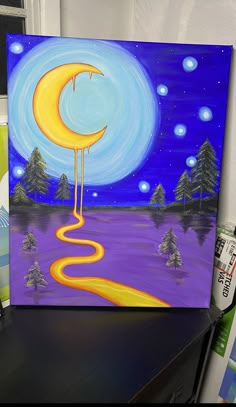 an acrylic painting of a yellow crescent moon on a purple background with trees